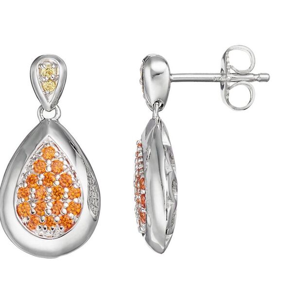 Orange & Yellow CZ Sterling Silver Teardrop Pendant Necklace & Drop Earrings Set - Picture 2 of 2
